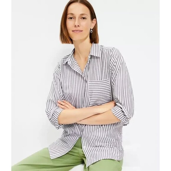 New LOFT Gray/White Striped Everyday Oversized Pocket Shirt Womens Size Large - Picture 1 of 9